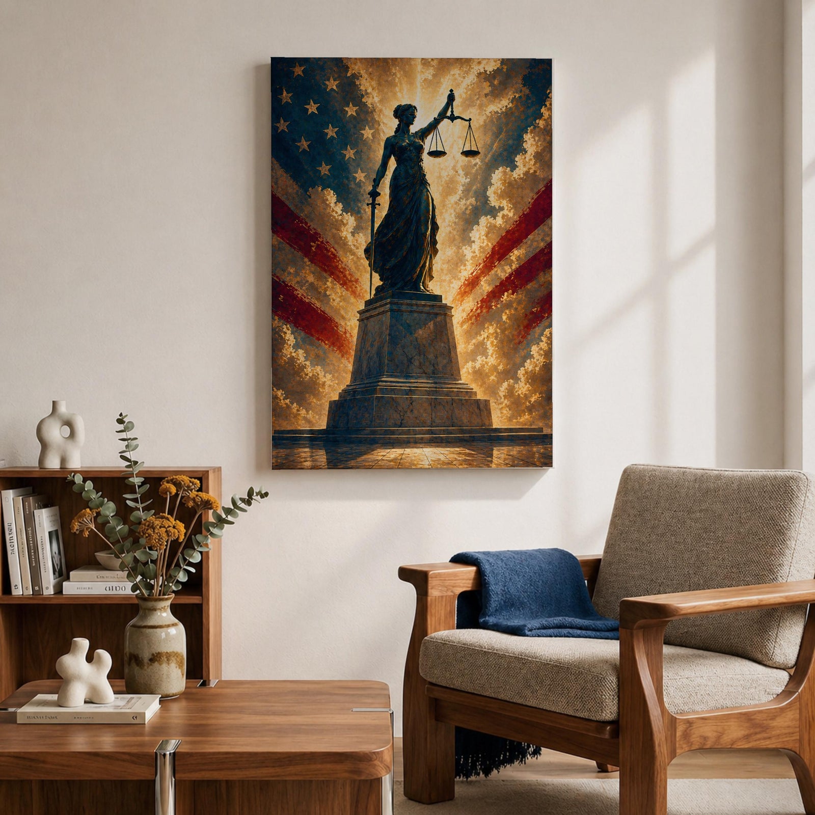 Dramatic Lady Justice wall art featuring the iconic blindfolded statue holding scales and sword before a radiant American flag backdrop. Golden light rays, patriotic colors, and classical legal symbolism create powerful artwork ideal for law offices, courtrooms, attorneys, judges, and government buildings.