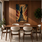 Dramatic Lady Justice wall art featuring the iconic blindfolded statue holding scales and sword before a radiant American flag backdrop. Golden light rays, patriotic colors, and classical legal symbolism create powerful artwork ideal for law offices, courtrooms, attorneys, judges, and government buildings.