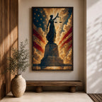 Dramatic Lady Justice wall art featuring the iconic blindfolded statue holding scales and sword before a radiant American flag backdrop. Golden light rays, patriotic colors, and classical legal symbolism create powerful artwork ideal for law offices, courtrooms, attorneys, judges, and government buildings.
