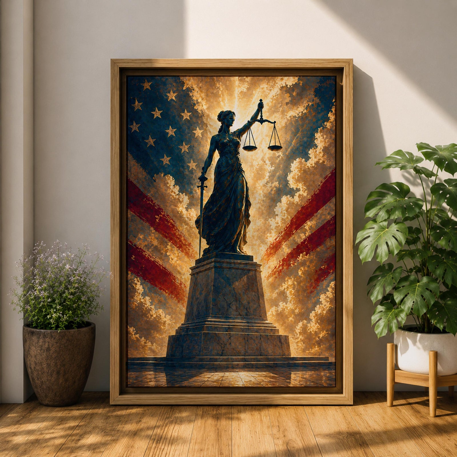 Dramatic Lady Justice wall art featuring the iconic blindfolded statue holding scales and sword before a radiant American flag backdrop. Golden light rays, patriotic colors, and classical legal symbolism create powerful artwork ideal for law offices, courtrooms, attorneys, judges, and government buildings.