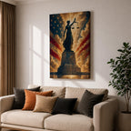 Dramatic Lady Justice wall art featuring the iconic blindfolded statue holding scales and sword before a radiant American flag backdrop. Golden light rays, patriotic colors, and classical legal symbolism create powerful artwork ideal for law offices, courtrooms, attorneys, judges, and government buildings.