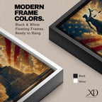 Dramatic Lady Justice wall art featuring the iconic blindfolded statue holding scales and sword before a radiant American flag backdrop. Golden light rays, patriotic colors, and classical legal symbolism create powerful artwork ideal for law offices, courtrooms, attorneys, judges, and government buildings.