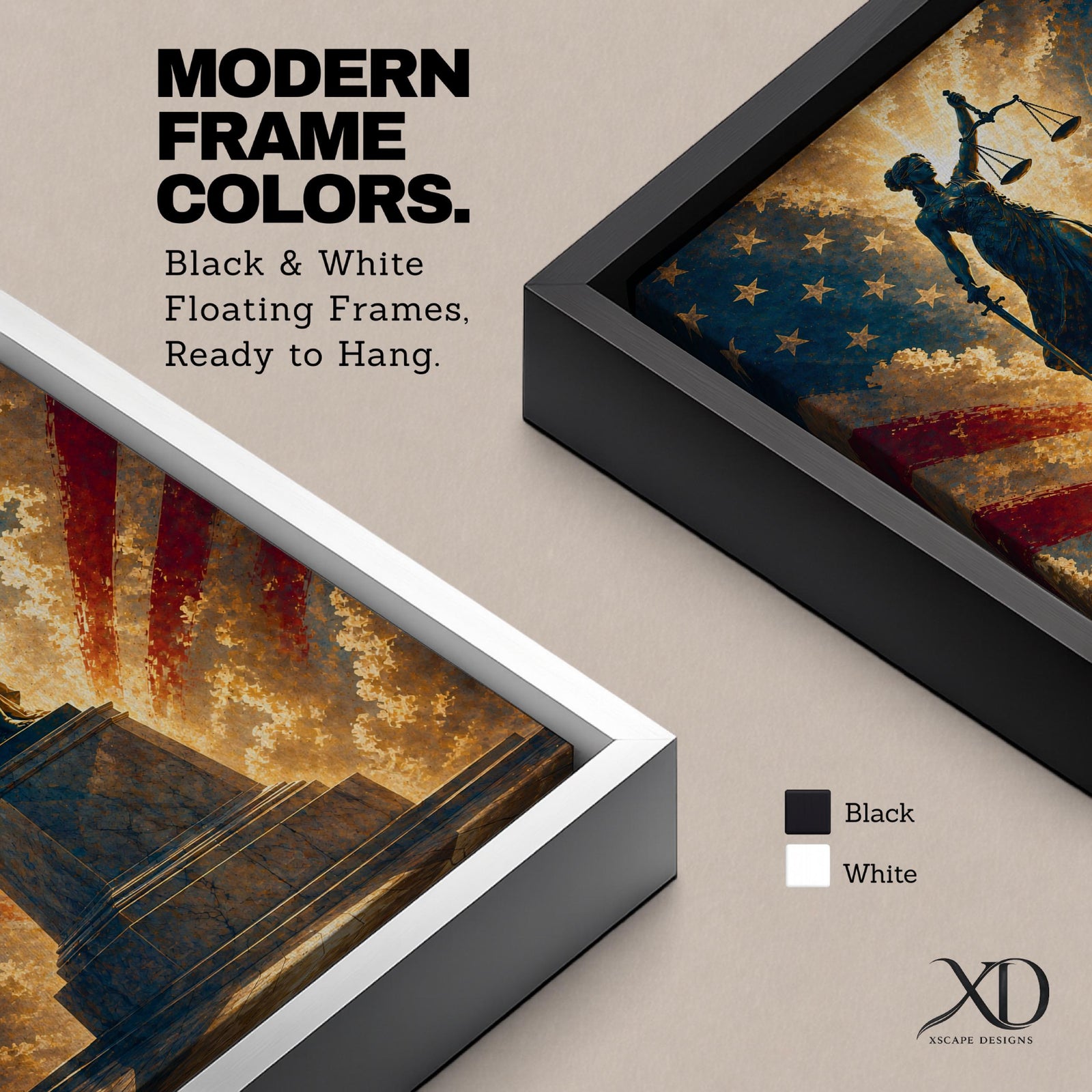 Dramatic Lady Justice wall art featuring the iconic blindfolded statue holding scales and sword before a radiant American flag backdrop. Golden light rays, patriotic colors, and classical legal symbolism create powerful artwork ideal for law offices, courtrooms, attorneys, judges, and government buildings.