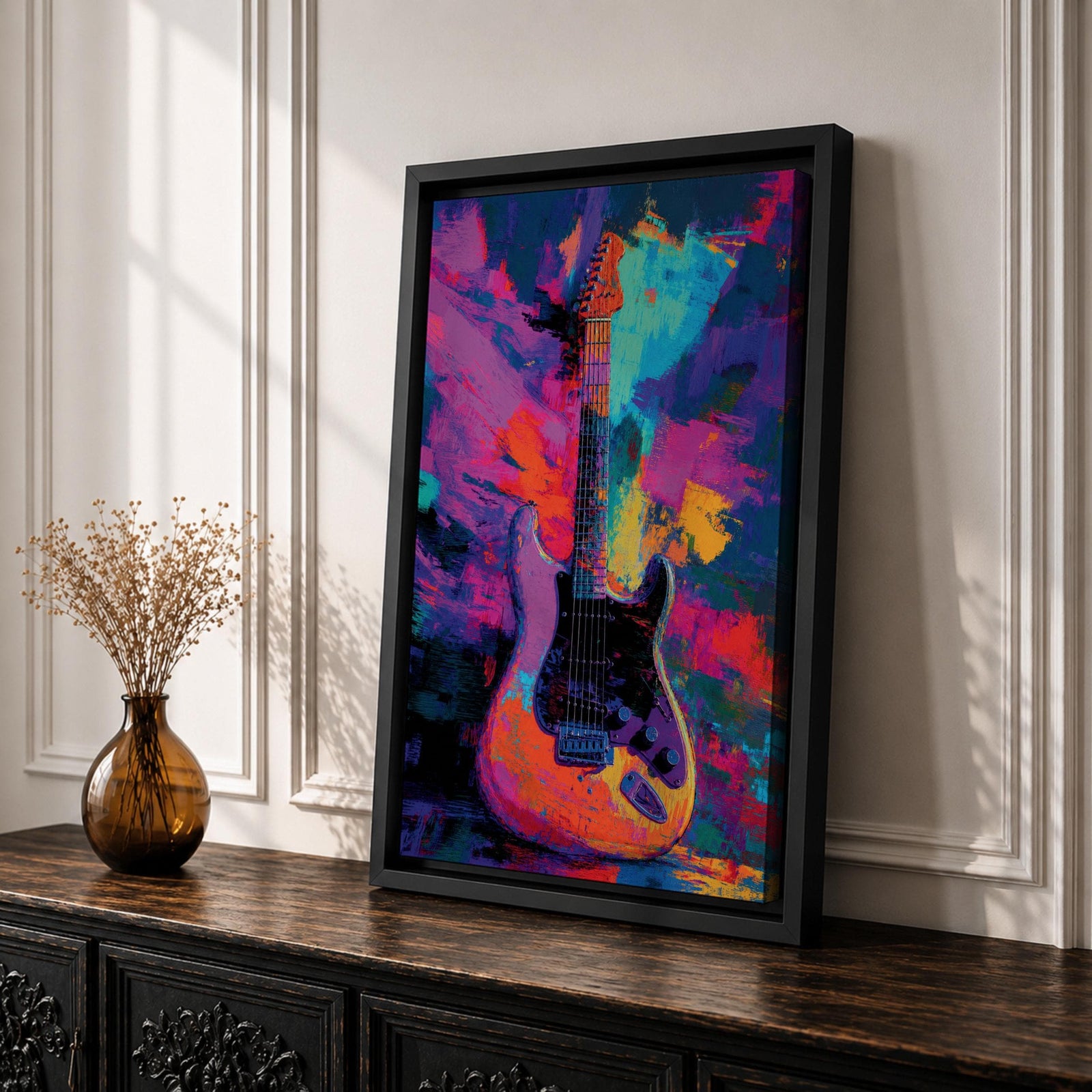 Vibrant pop art painting featuring an electric guitar set against a bold abstract background of neon purple, blue, pink, orange, and teal brushstrokes. Expressive textures and high-contrast colors create dynamic music wall art perfect for recording studios, music rooms, band spaces, and modern interiors.