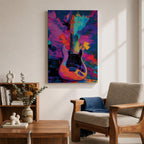 Vibrant pop art painting featuring an electric guitar set against a bold abstract background of neon purple, blue, pink, orange, and teal brushstrokes. Expressive textures and high-contrast colors create dynamic music wall art perfect for recording studios, music rooms, band spaces, and modern interiors.