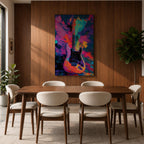 Vibrant pop art painting featuring an electric guitar set against a bold abstract background of neon purple, blue, pink, orange, and teal brushstrokes. Expressive textures and high-contrast colors create dynamic music wall art perfect for recording studios, music rooms, band spaces, and modern interiors.