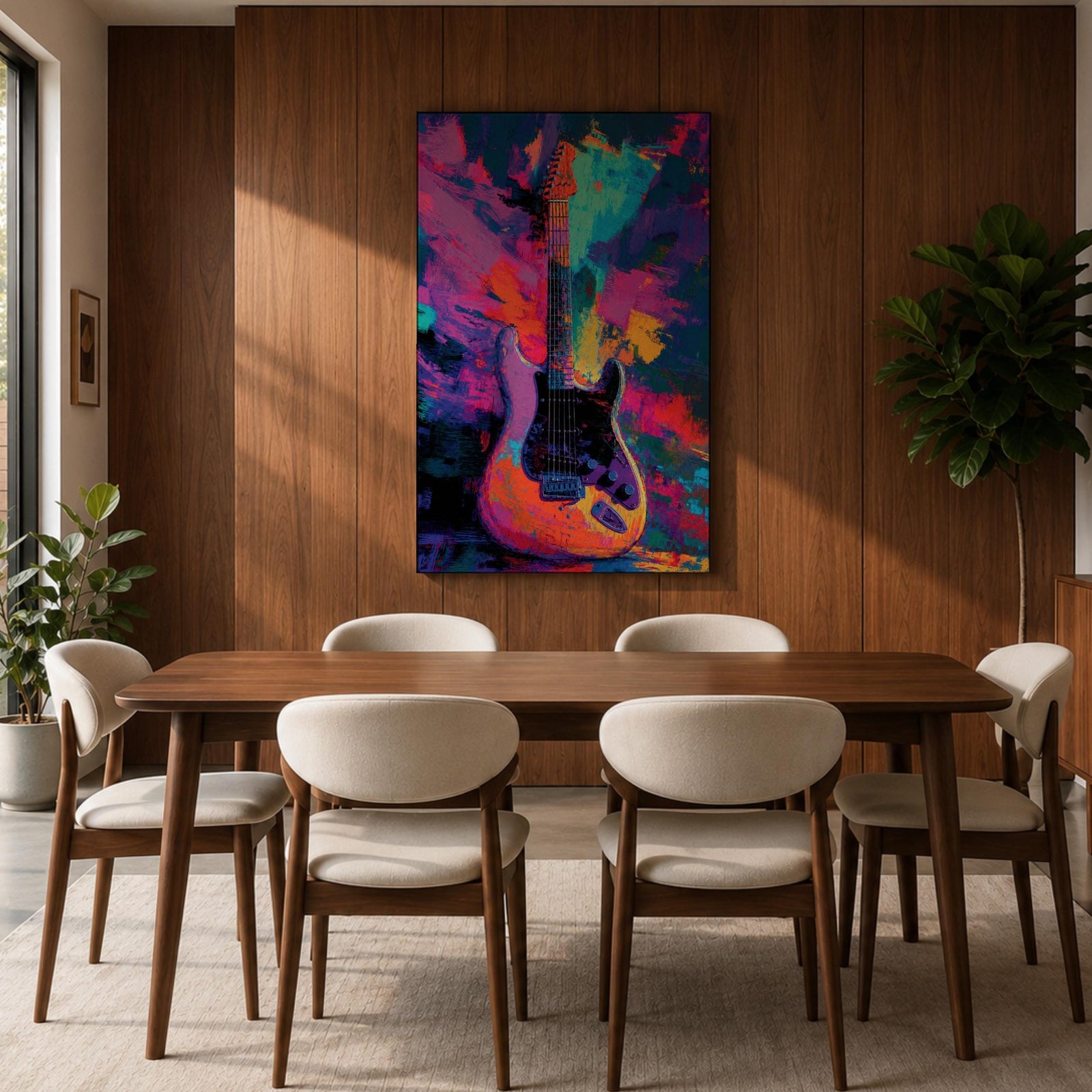 Vibrant pop art painting featuring an electric guitar set against a bold abstract background of neon purple, blue, pink, orange, and teal brushstrokes. Expressive textures and high-contrast colors create dynamic music wall art perfect for recording studios, music rooms, band spaces, and modern interiors.