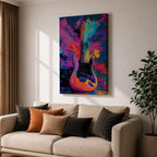 Vibrant pop art painting featuring an electric guitar set against a bold abstract background of neon purple, blue, pink, orange, and teal brushstrokes. Expressive textures and high-contrast colors create dynamic music wall art perfect for recording studios, music rooms, band spaces, and modern interiors.