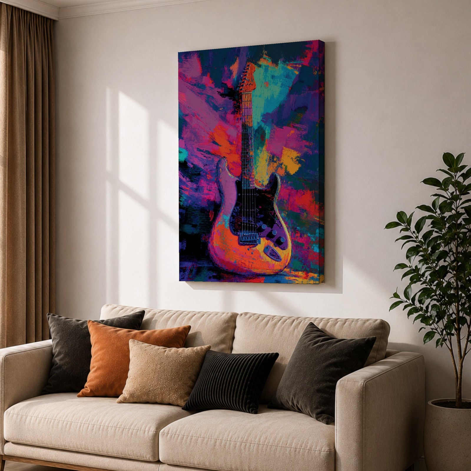 Vibrant pop art painting featuring an electric guitar set against a bold abstract background of neon purple, blue, pink, orange, and teal brushstrokes. Expressive textures and high-contrast colors create dynamic music wall art perfect for recording studios, music rooms, band spaces, and modern interiors.