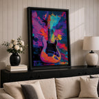 Vibrant pop art painting featuring an electric guitar set against a bold abstract background of neon purple, blue, pink, orange, and teal brushstrokes. Expressive textures and high-contrast colors create dynamic music wall art perfect for recording studios, music rooms, band spaces, and modern interiors.