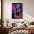 Vibrant pop art painting featuring an electric guitar set against a bold abstract background of neon purple, blue, pink, orange, and teal brushstrokes. Expressive textures and high-contrast colors create dynamic music wall art perfect for recording studios, music rooms, band spaces, and modern interiors.