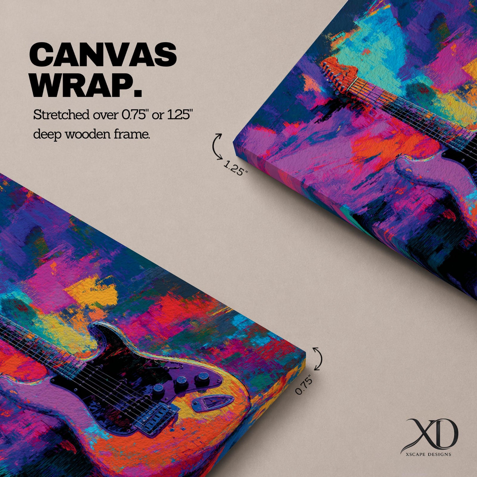 Vibrant pop art painting featuring an electric guitar set against a bold abstract background of neon purple, blue, pink, orange, and teal brushstrokes. Expressive textures and high-contrast colors create dynamic music wall art perfect for recording studios, music rooms, band spaces, and modern interiors.