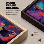 Vibrant pop art painting featuring an electric guitar set against a bold abstract background of neon purple, blue, pink, orange, and teal brushstrokes. Expressive textures and high-contrast colors create dynamic music wall art perfect for recording studios, music rooms, band spaces, and modern interiors.
