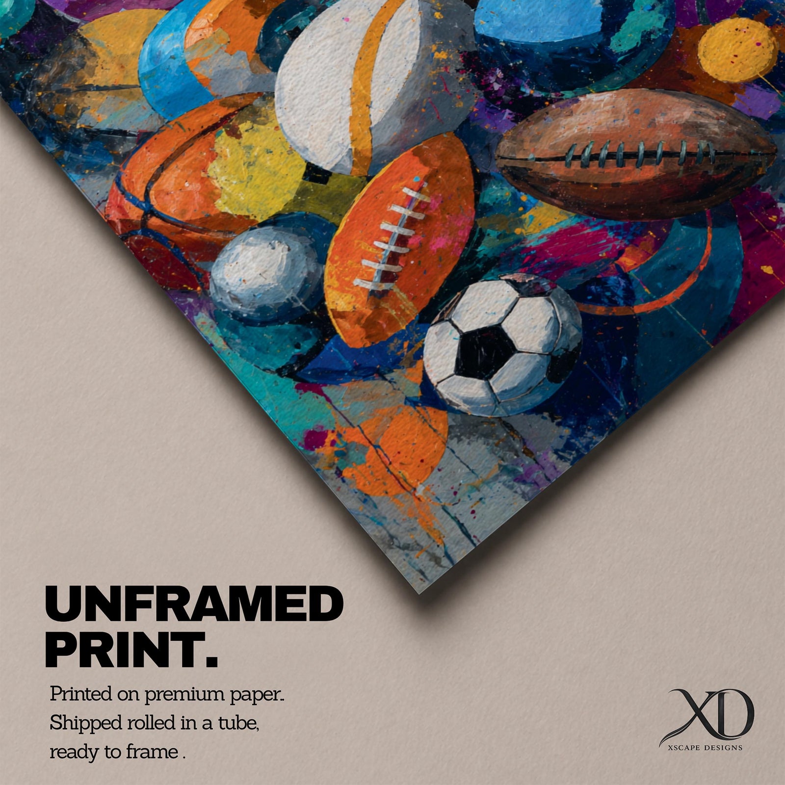 Vibrant expressionist painting featuring a collection of sports balls including soccer, basketball, football, tennis, volleyball, and playground balls. Bold colors, energetic brushstrokes, and layered textures create dynamic sports-themed wall art perfect for game rooms, gyms, locker rooms, schools, and athletic spaces.