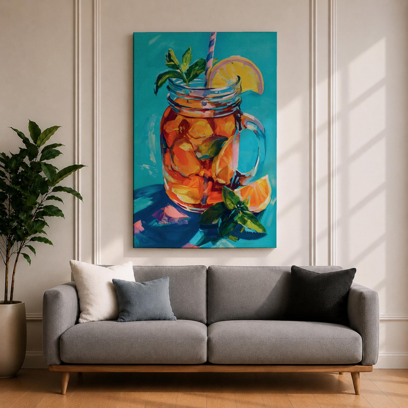 Colorful impressionist painting of a mason jar filled with a refreshing citrus beverage, featuring lemon and orange slices, mint leaves, ice, and a striped straw. Vibrant turquoise background and expressive brushstrokes create cheerful summer kitchen wall art perfect for dining rooms, cafes, and beverage-themed decor.