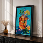 Colorful impressionist painting of a mason jar filled with a refreshing citrus beverage, featuring lemon and orange slices, mint leaves, ice, and a striped straw. Vibrant turquoise background and expressive brushstrokes create cheerful summer kitchen wall art perfect for dining rooms, cafes, and beverage-themed decor.