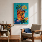 Colorful impressionist painting of a mason jar filled with a refreshing citrus beverage, featuring lemon and orange slices, mint leaves, ice, and a striped straw. Vibrant turquoise background and expressive brushstrokes create cheerful summer kitchen wall art perfect for dining rooms, cafes, and beverage-themed decor.