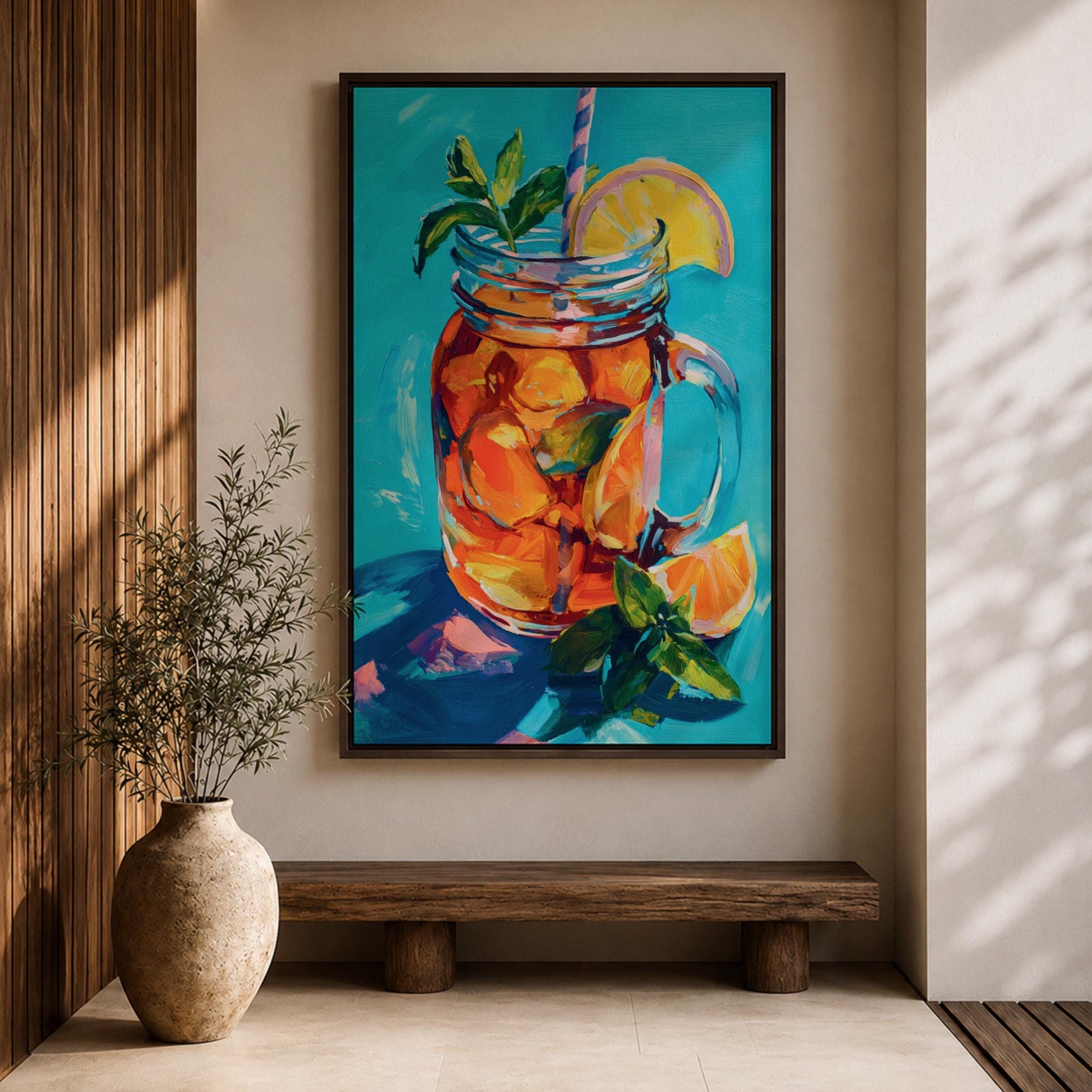 Colorful impressionist painting of a mason jar filled with a refreshing citrus beverage, featuring lemon and orange slices, mint leaves, ice, and a striped straw. Vibrant turquoise background and expressive brushstrokes create cheerful summer kitchen wall art perfect for dining rooms, cafes, and beverage-themed decor.