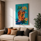 Colorful impressionist painting of a mason jar filled with a refreshing citrus beverage, featuring lemon and orange slices, mint leaves, ice, and a striped straw. Vibrant turquoise background and expressive brushstrokes create cheerful summer kitchen wall art perfect for dining rooms, cafes, and beverage-themed decor.