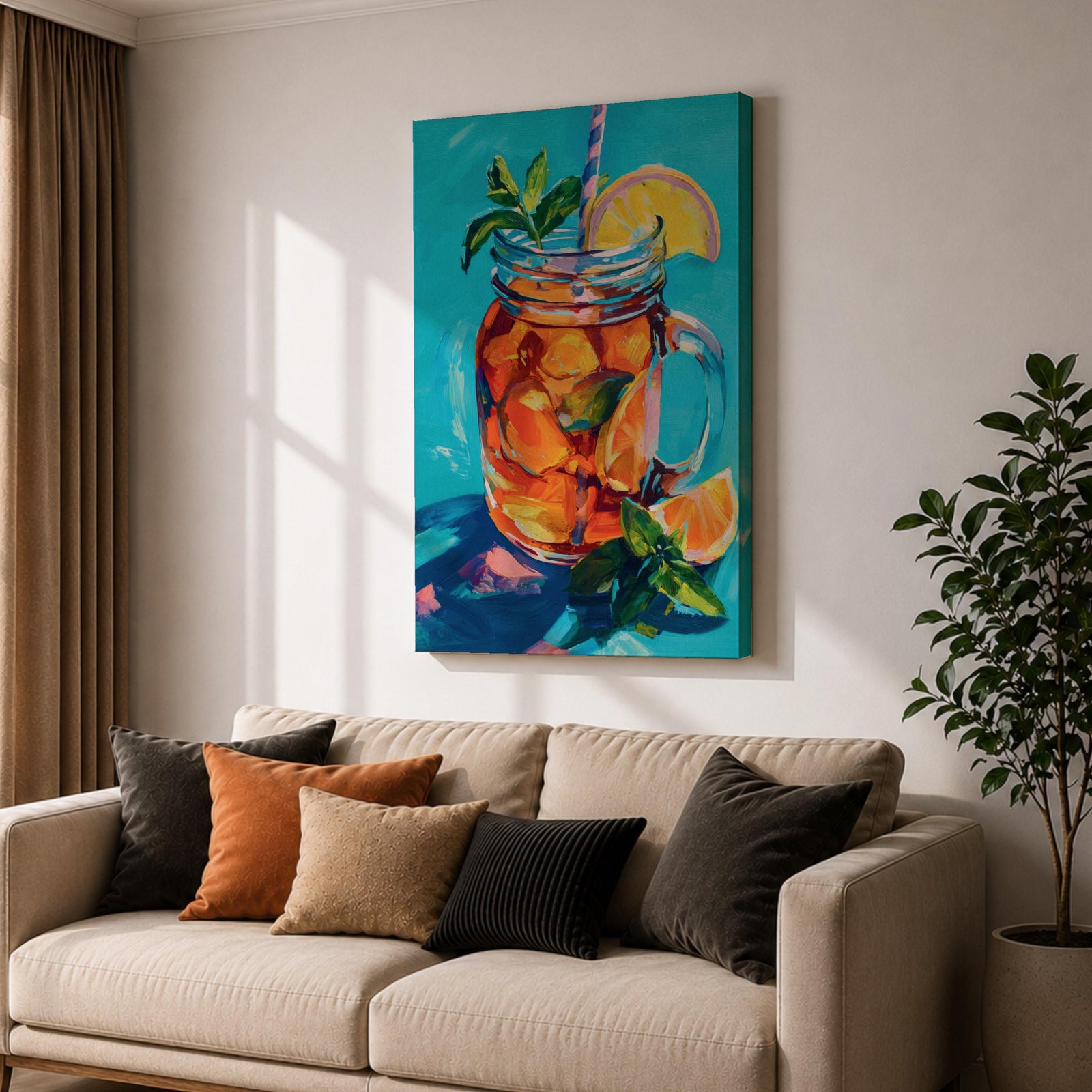Colorful impressionist painting of a mason jar filled with a refreshing citrus beverage, featuring lemon and orange slices, mint leaves, ice, and a striped straw. Vibrant turquoise background and expressive brushstrokes create cheerful summer kitchen wall art perfect for dining rooms, cafes, and beverage-themed decor.