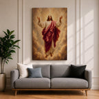 Jesus Christ wall art depicting the risen Savior ascending amid radiant heavenly light and clouds. With arms outstretched and surrounded by golden rays, this inspiring Christian artwork symbolizes resurrection, redemption, faith, hope, and divine glory.