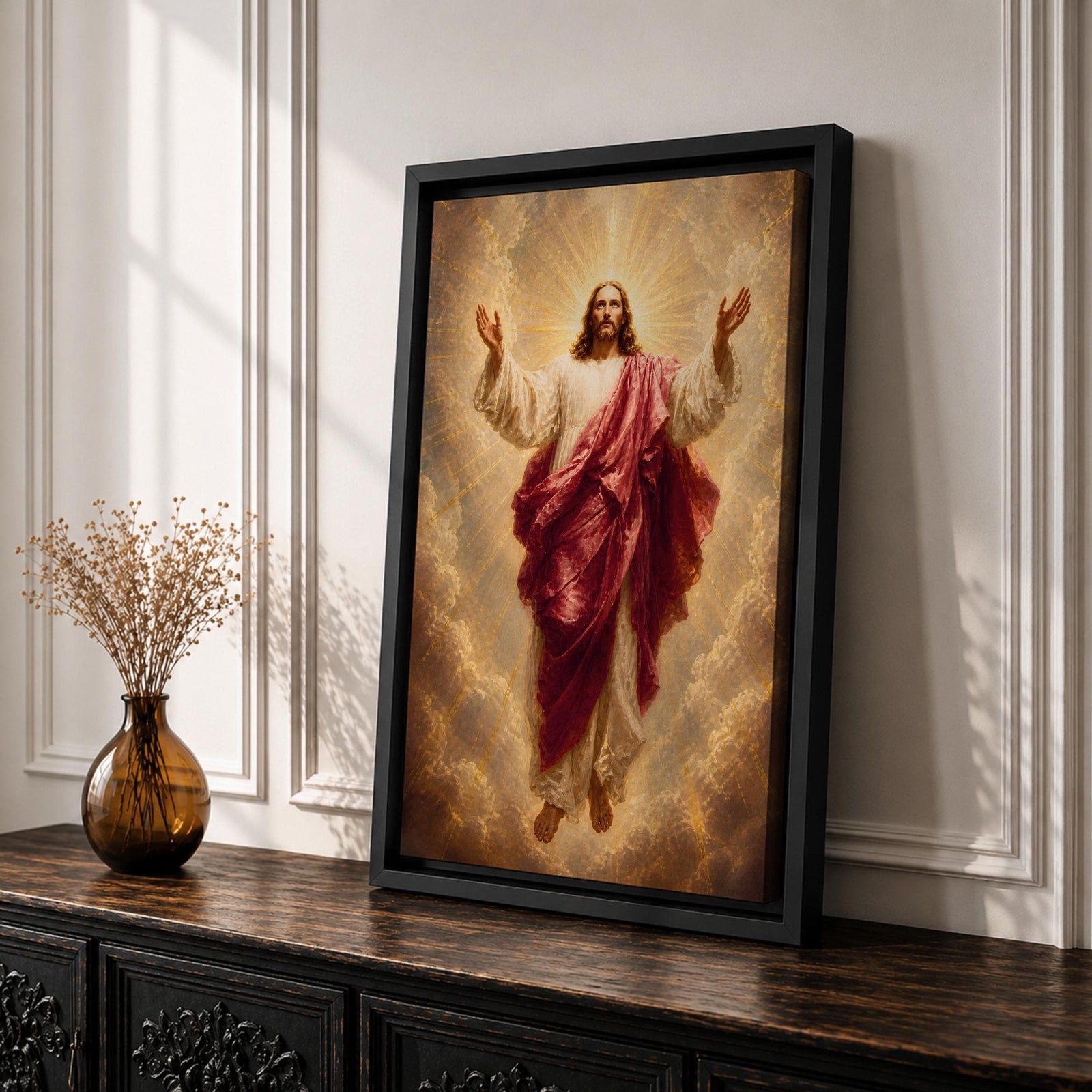 Jesus Christ wall art depicting the risen Savior ascending amid radiant heavenly light and clouds. With arms outstretched and surrounded by golden rays, this inspiring Christian artwork symbolizes resurrection, redemption, faith, hope, and divine glory.