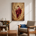 Jesus Christ wall art depicting the risen Savior ascending amid radiant heavenly light and clouds. With arms outstretched and surrounded by golden rays, this inspiring Christian artwork symbolizes resurrection, redemption, faith, hope, and divine glory.