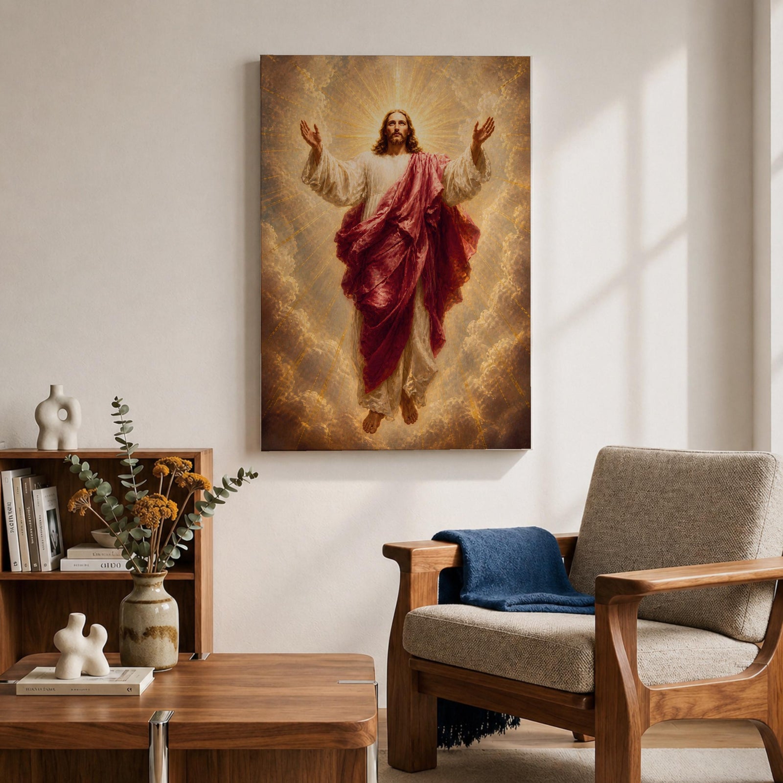 Jesus Christ wall art depicting the risen Savior ascending amid radiant heavenly light and clouds. With arms outstretched and surrounded by golden rays, this inspiring Christian artwork symbolizes resurrection, redemption, faith, hope, and divine glory.