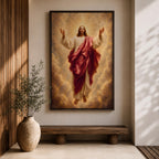 Jesus Christ wall art depicting the risen Savior ascending amid radiant heavenly light and clouds. With arms outstretched and surrounded by golden rays, this inspiring Christian artwork symbolizes resurrection, redemption, faith, hope, and divine glory.