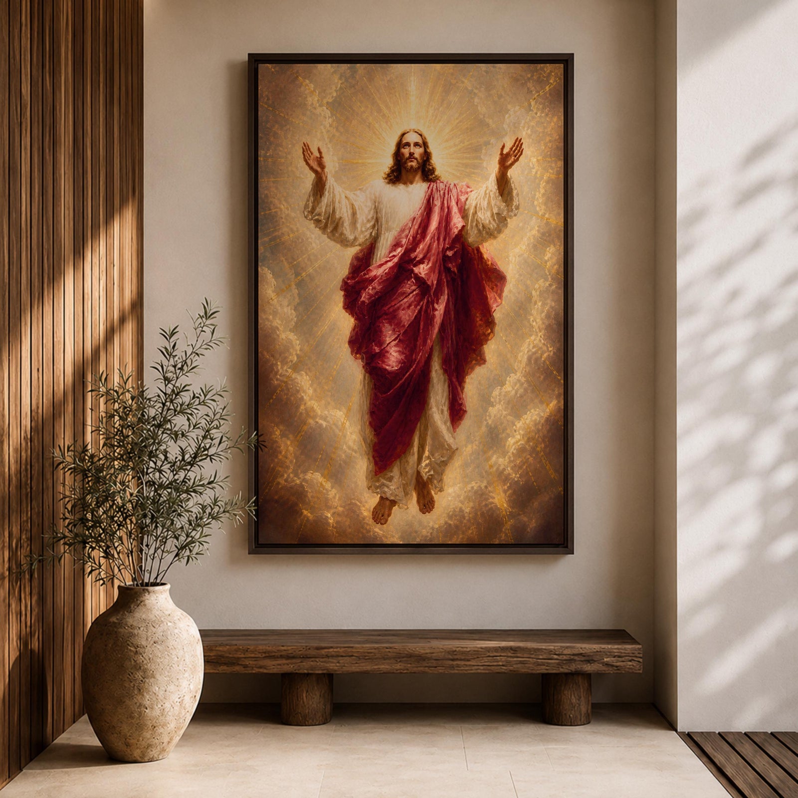 Jesus Christ wall art depicting the risen Savior ascending amid radiant heavenly light and clouds. With arms outstretched and surrounded by golden rays, this inspiring Christian artwork symbolizes resurrection, redemption, faith, hope, and divine glory.