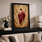 Jesus Christ wall art depicting the risen Savior ascending amid radiant heavenly light and clouds. With arms outstretched and surrounded by golden rays, this inspiring Christian artwork symbolizes resurrection, redemption, faith, hope, and divine glory.