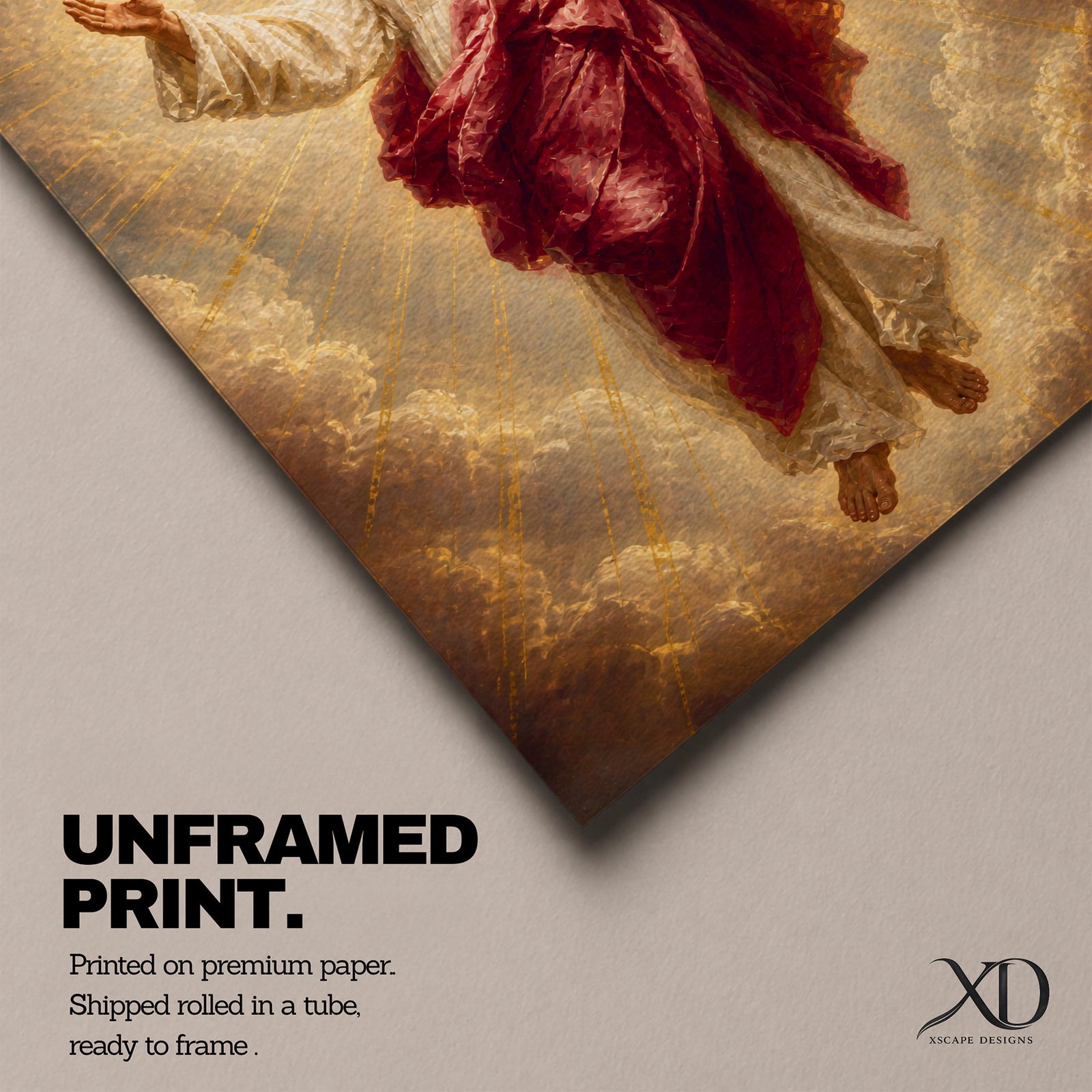 Jesus Christ wall art depicting the risen Savior ascending amid radiant heavenly light and clouds. With arms outstretched and surrounded by golden rays, this inspiring Christian artwork symbolizes resurrection, redemption, faith, hope, and divine glory.