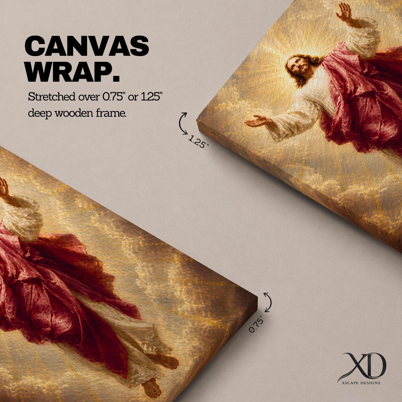 Jesus Christ wall art depicting the risen Savior ascending amid radiant heavenly light and clouds. With arms outstretched and surrounded by golden rays, this inspiring Christian artwork symbolizes resurrection, redemption, faith, hope, and divine glory.