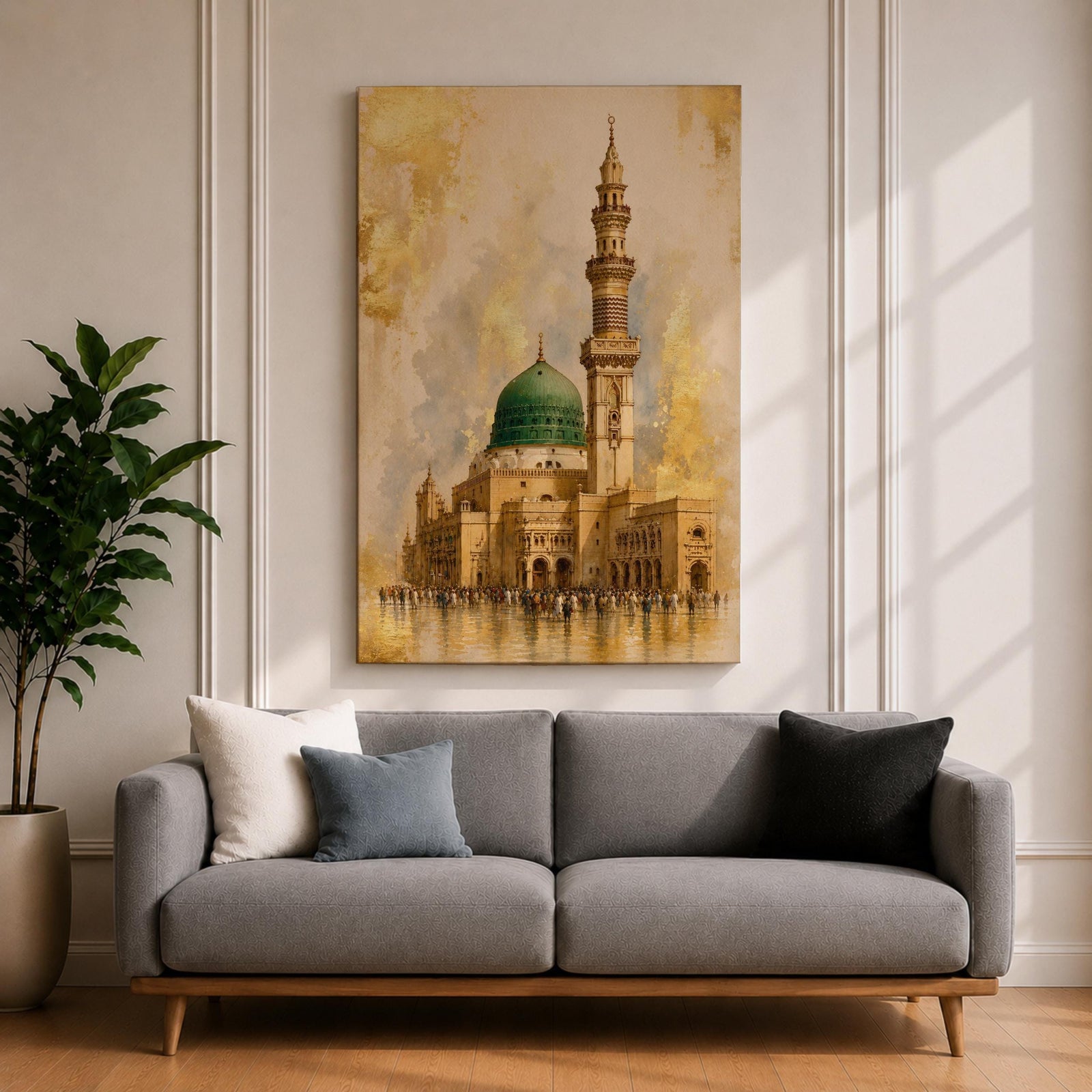Masjid Nabawi wall art featuring the iconic Green Dome and elegant minaret of the Prophet’s Mosque in Medina. Enhanced with luxurious gold leaf-inspired textures and architectural details, this artwork captures the spiritual beauty, reverence, and timeless significance of one of Islam’s holiest sites.