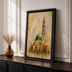 Masjid Nabawi wall art featuring the iconic Green Dome and elegant minaret of the Prophet’s Mosque in Medina. Enhanced with luxurious gold leaf-inspired textures and architectural details, this artwork captures the spiritual beauty, reverence, and timeless significance of one of Islam’s holiest sites.