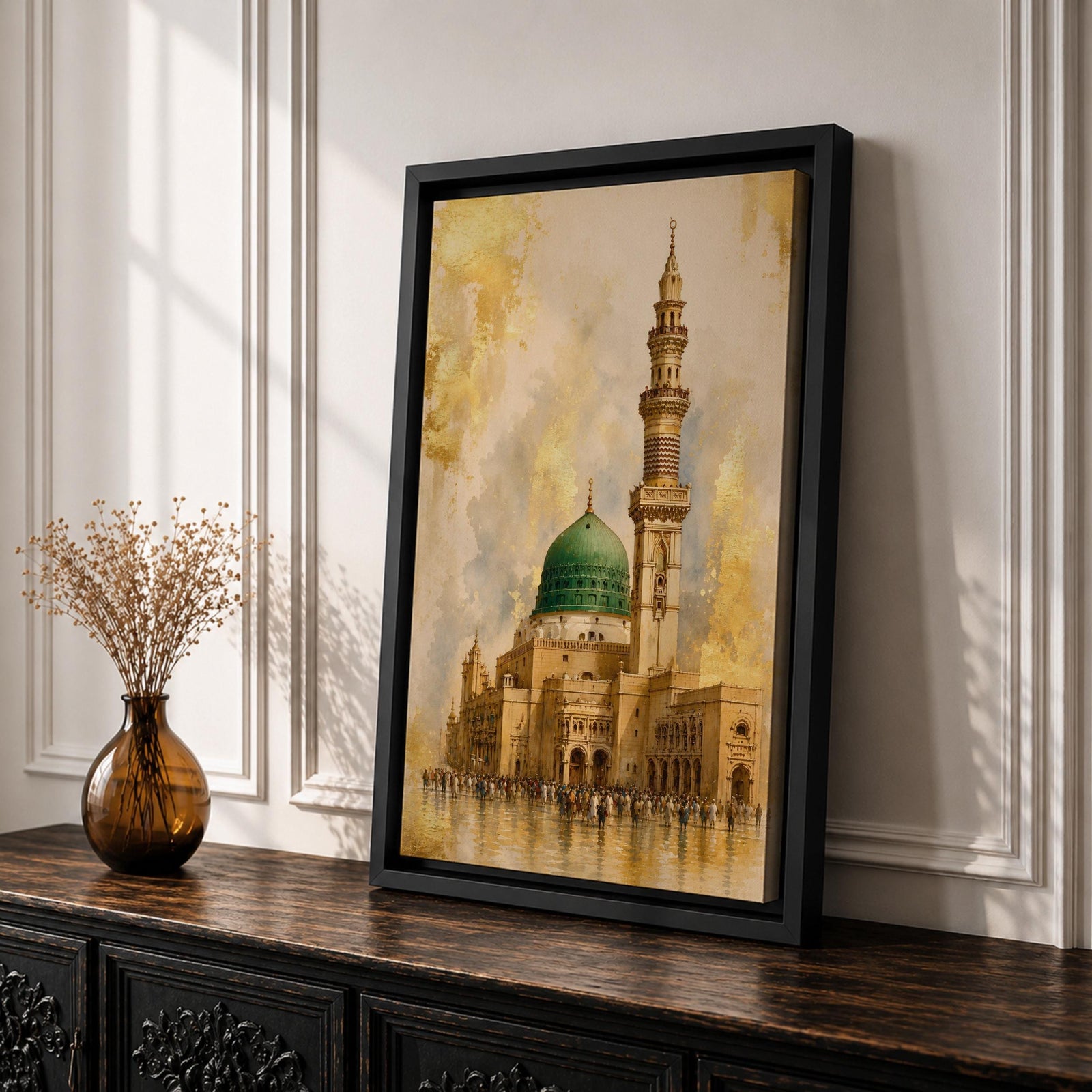 Masjid Nabawi wall art featuring the iconic Green Dome and elegant minaret of the Prophet’s Mosque in Medina. Enhanced with luxurious gold leaf-inspired textures and architectural details, this artwork captures the spiritual beauty, reverence, and timeless significance of one of Islam’s holiest sites.