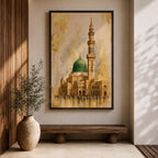 Masjid Nabawi wall art featuring the iconic Green Dome and elegant minaret of the Prophet’s Mosque in Medina. Enhanced with luxurious gold leaf-inspired textures and architectural details, this artwork captures the spiritual beauty, reverence, and timeless significance of one of Islam’s holiest sites.