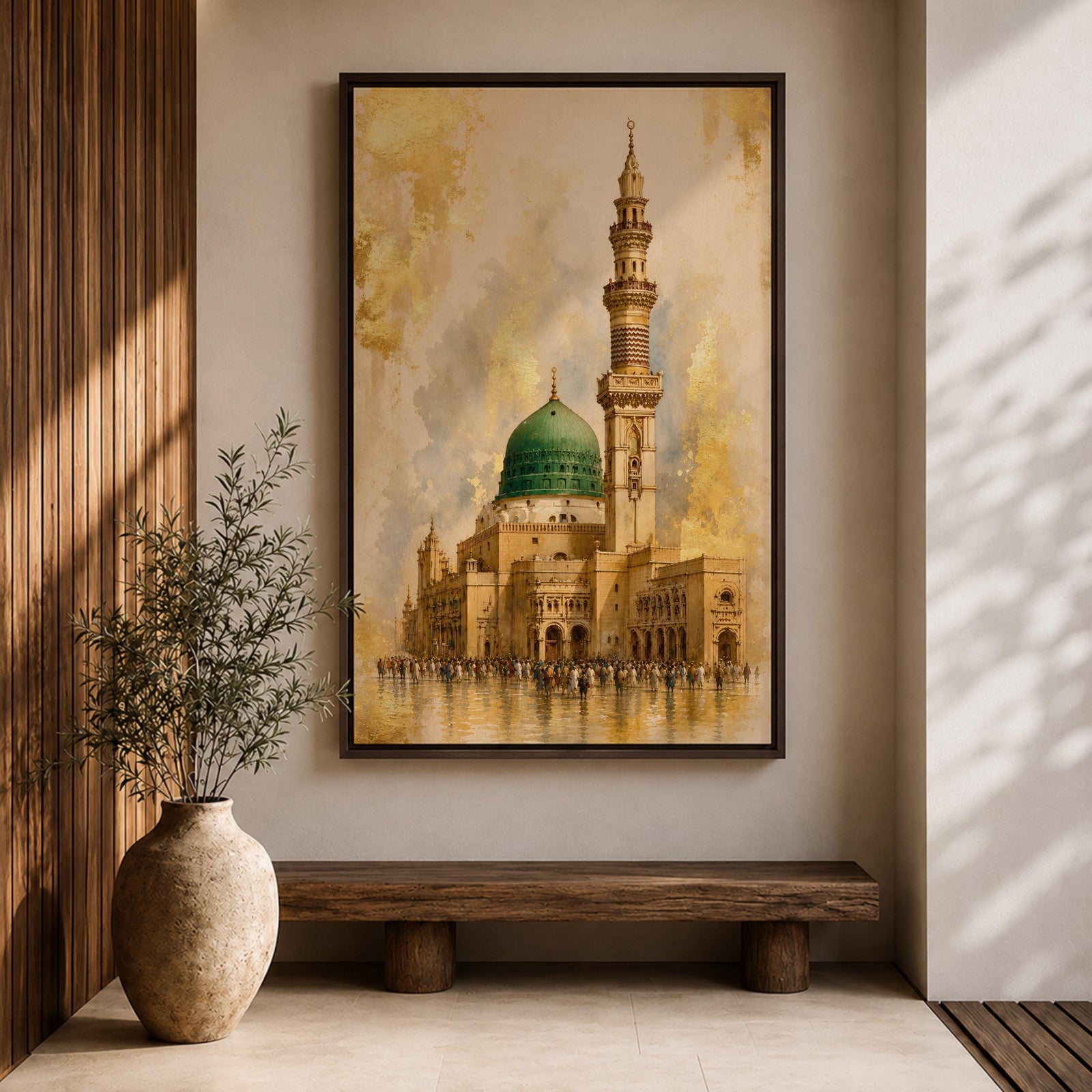 Masjid Nabawi wall art featuring the iconic Green Dome and elegant minaret of the Prophet’s Mosque in Medina. Enhanced with luxurious gold leaf-inspired textures and architectural details, this artwork captures the spiritual beauty, reverence, and timeless significance of one of Islam’s holiest sites.