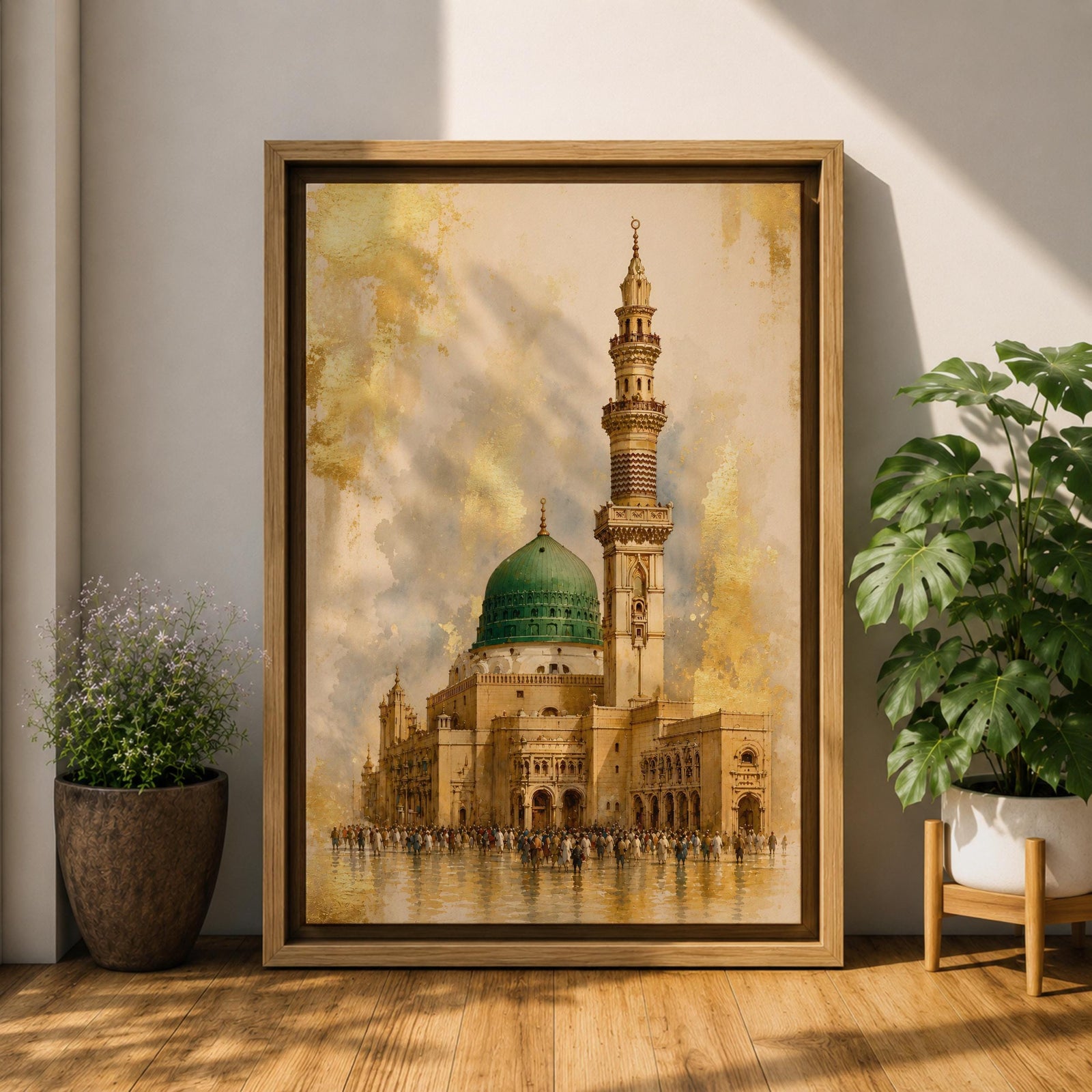 Masjid Nabawi wall art featuring the iconic Green Dome and elegant minaret of the Prophet’s Mosque in Medina. Enhanced with luxurious gold leaf-inspired textures and architectural details, this artwork captures the spiritual beauty, reverence, and timeless significance of one of Islam’s holiest sites.