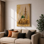 Masjid Nabawi wall art featuring the iconic Green Dome and elegant minaret of the Prophet’s Mosque in Medina. Enhanced with luxurious gold leaf-inspired textures and architectural details, this artwork captures the spiritual beauty, reverence, and timeless significance of one of Islam’s holiest sites.