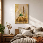Masjid Nabawi wall art featuring the iconic Green Dome and elegant minaret of the Prophet’s Mosque in Medina. Enhanced with luxurious gold leaf-inspired textures and architectural details, this artwork captures the spiritual beauty, reverence, and timeless significance of one of Islam’s holiest sites.