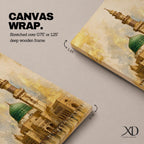 Masjid Nabawi wall art featuring the iconic Green Dome and elegant minaret of the Prophet’s Mosque in Medina. Enhanced with luxurious gold leaf-inspired textures and architectural details, this artwork captures the spiritual beauty, reverence, and timeless significance of one of Islam’s holiest sites.