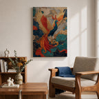 Phoenix wall art featuring a majestic mythical bird soaring through swirling clouds with expansive wings and flowing tail feathers. Rich ornamental details, vibrant colors, and fantasy-inspired design create a dramatic symbol of rebirth, transformation, and immortality.