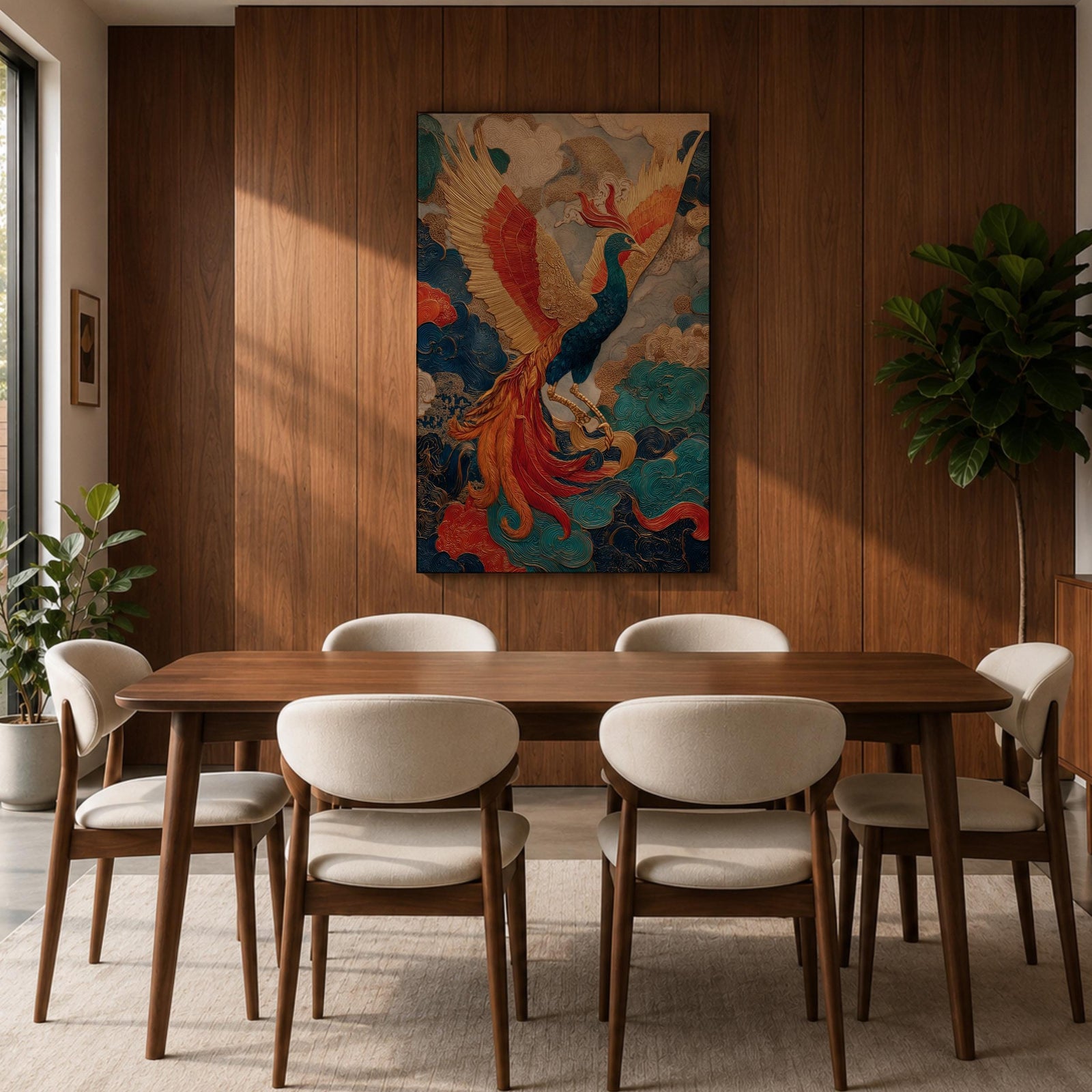 Phoenix wall art featuring a majestic mythical bird soaring through swirling clouds with expansive wings and flowing tail feathers. Rich ornamental details, vibrant colors, and fantasy-inspired design create a dramatic symbol of rebirth, transformation, and immortality.
