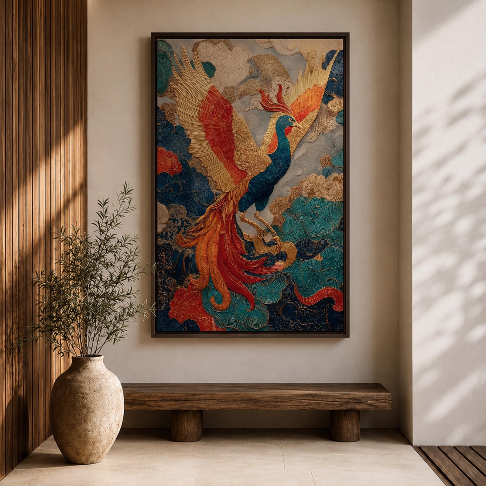 Phoenix wall art featuring a majestic mythical bird soaring through swirling clouds with expansive wings and flowing tail feathers. Rich ornamental details, vibrant colors, and fantasy-inspired design create a dramatic symbol of rebirth, transformation, and immortality.