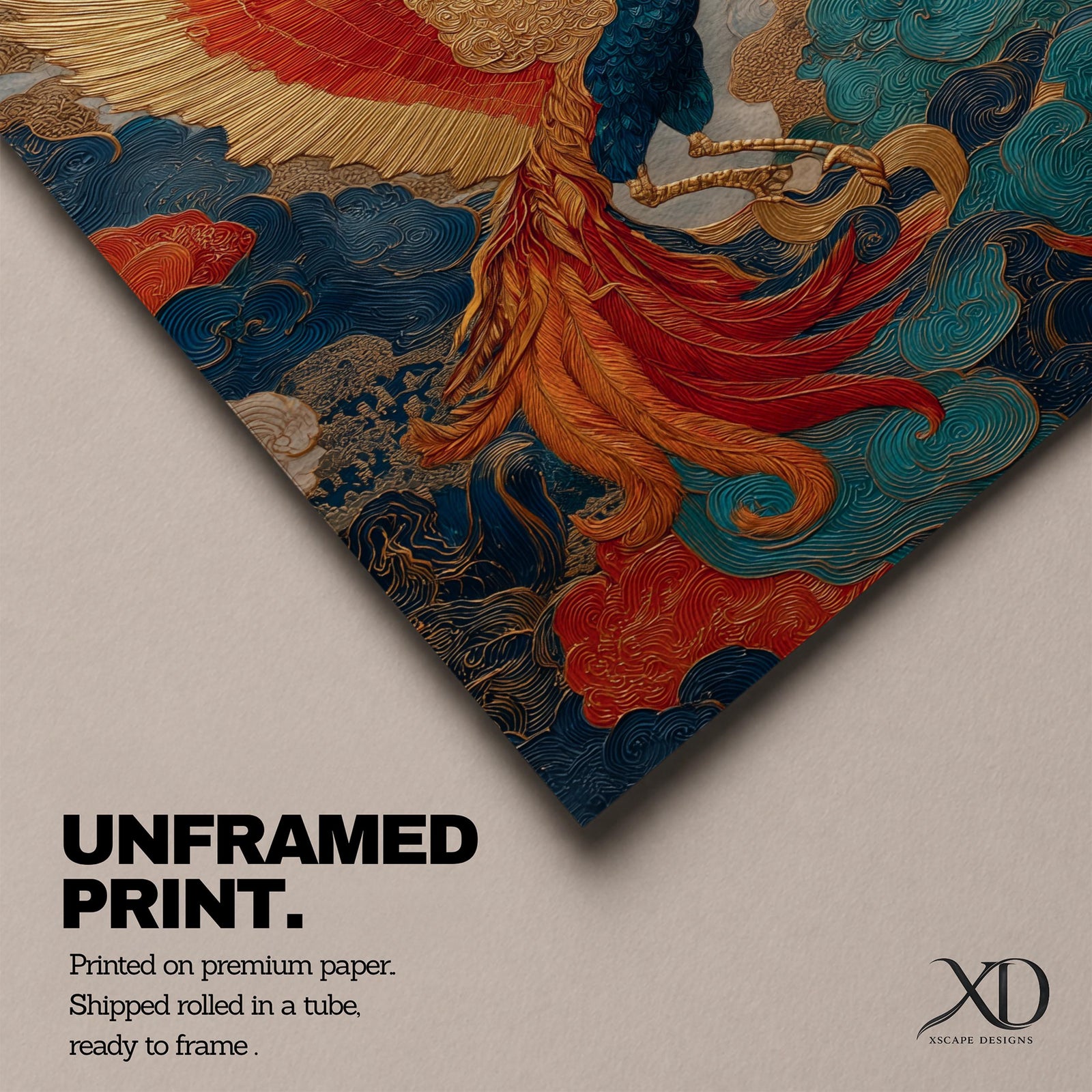 Phoenix wall art featuring a majestic mythical bird soaring through swirling clouds with expansive wings and flowing tail feathers. Rich ornamental details, vibrant colors, and fantasy-inspired design create a dramatic symbol of rebirth, transformation, and immortality.