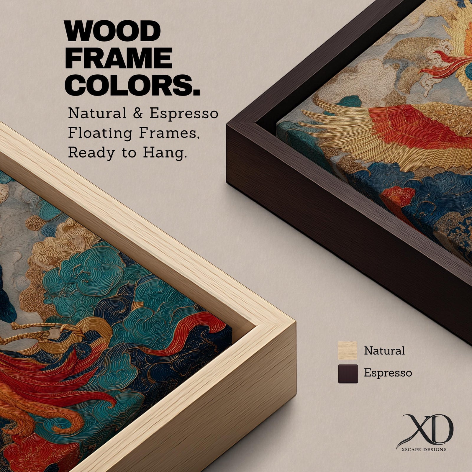 Phoenix wall art featuring a majestic mythical bird soaring through swirling clouds with expansive wings and flowing tail feathers. Rich ornamental details, vibrant colors, and fantasy-inspired design create a dramatic symbol of rebirth, transformation, and immortality.