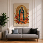 Honor your faith with this Our Lady of Guadalupe Wall Art, featuring a radiant gold halo, elegant floral accents, and warm, timeless colors. This beautiful Catholic canvas print creates a peaceful focal point for prayer rooms, living spaces, churches, or as a meaningful religious gift.