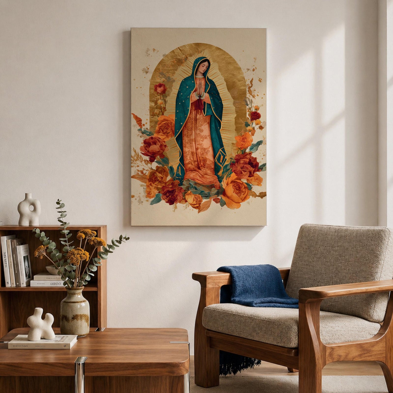Honor your faith with this Our Lady of Guadalupe Wall Art, featuring a radiant gold halo, elegant floral accents, and warm, timeless colors. This beautiful Catholic canvas print creates a peaceful focal point for prayer rooms, living spaces, churches, or as a meaningful religious gift.