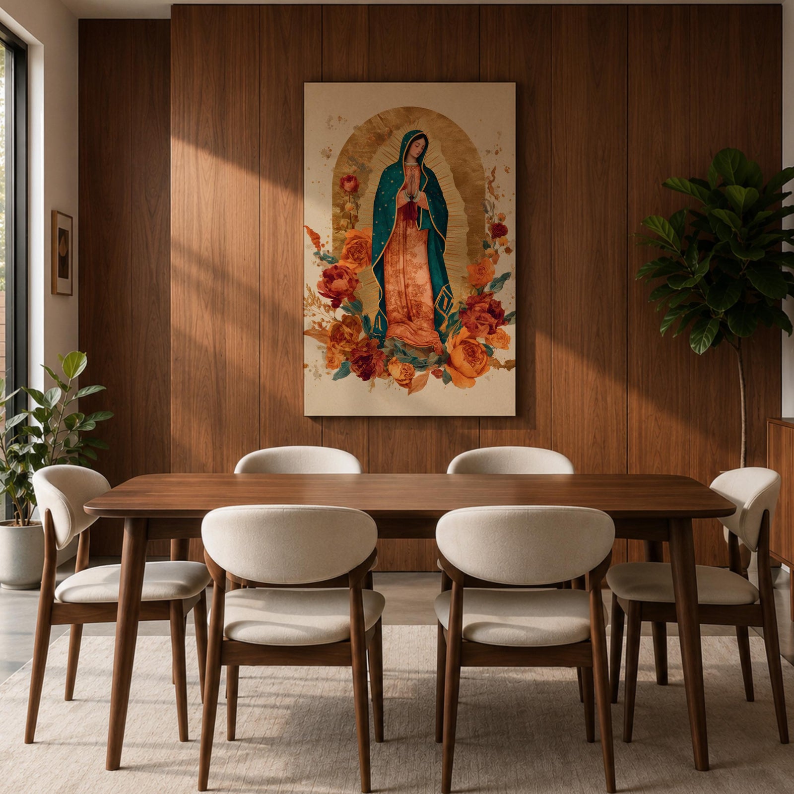 Honor your faith with this Our Lady of Guadalupe Wall Art, featuring a radiant gold halo, elegant floral accents, and warm, timeless colors. This beautiful Catholic canvas print creates a peaceful focal point for prayer rooms, living spaces, churches, or as a meaningful religious gift.